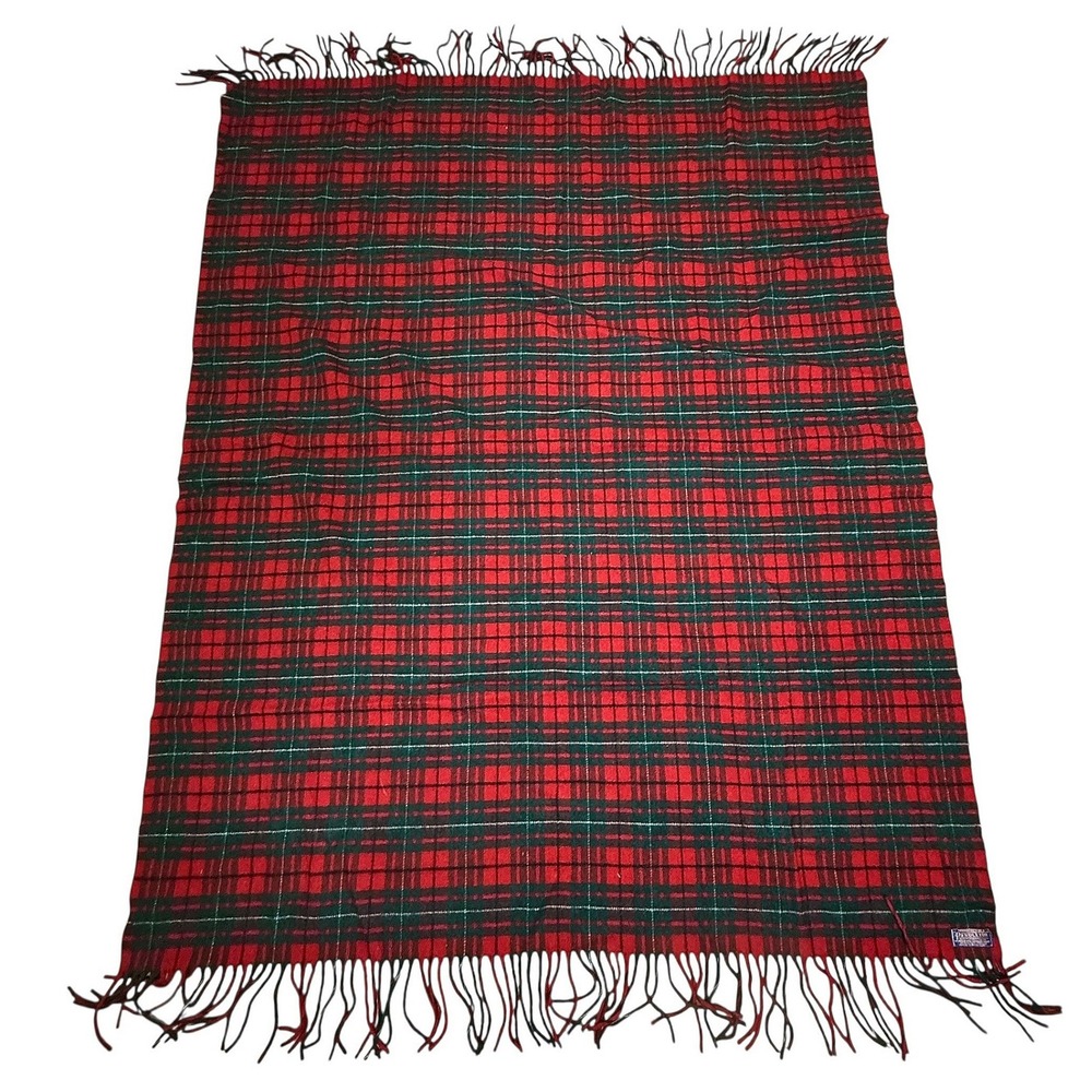 Vintage Pendleton‎ Plaid Wool Blanket Red Green Fringe Throw 100% Virgin Wool
